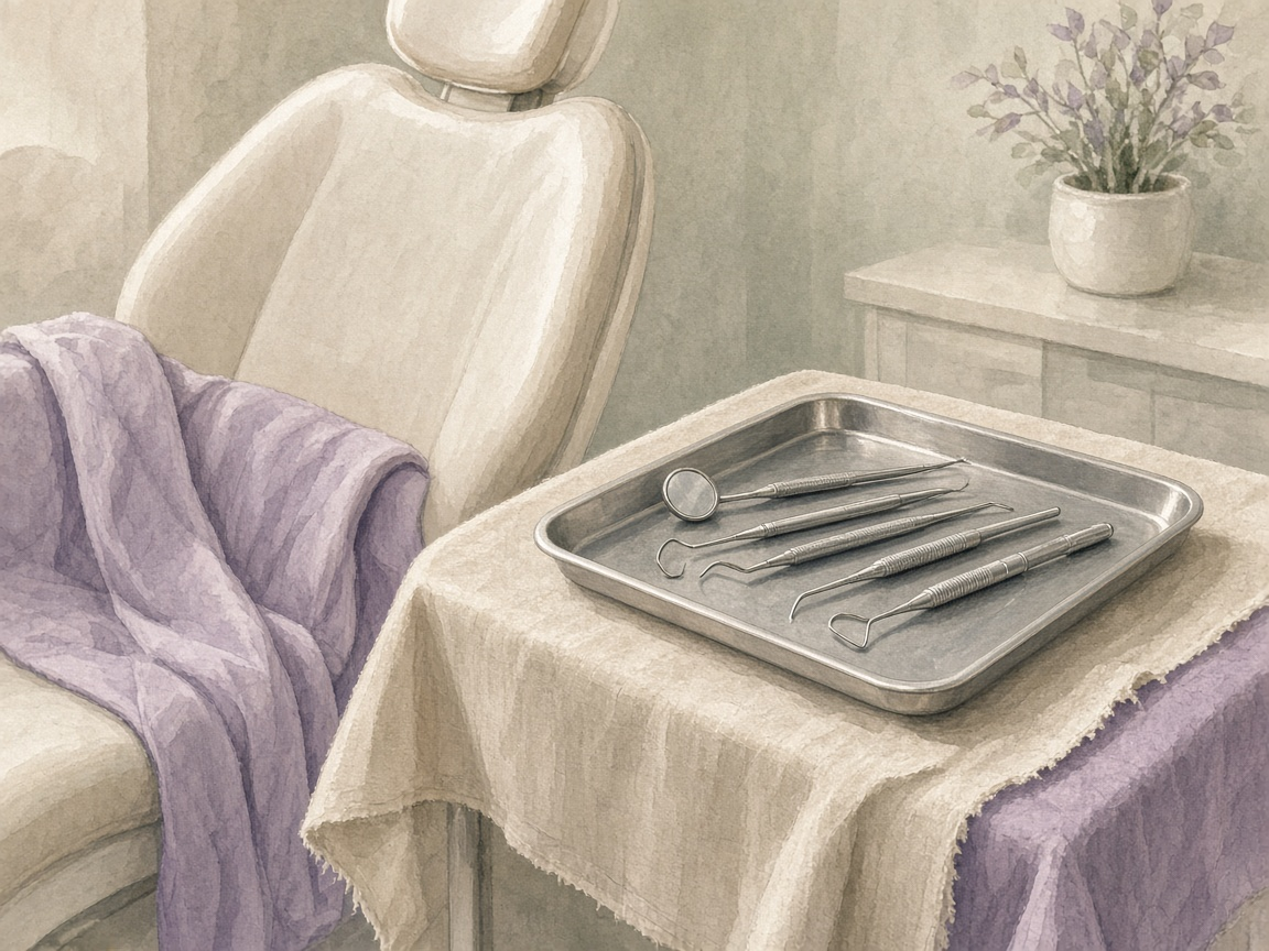 Soft illustration of a dental tray and chair at Happy Teeth